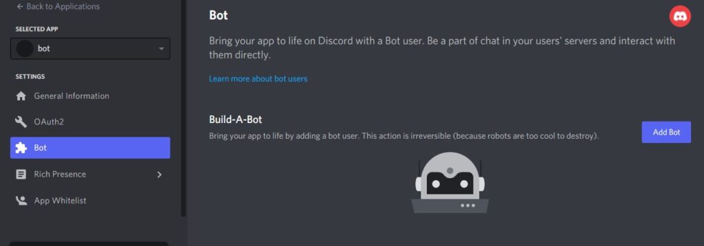 crea bot discord app
